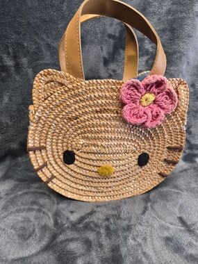 Sanrio Hello Kitty Straw/fabric In Blue  HandBag  Natural Accommode From Japan